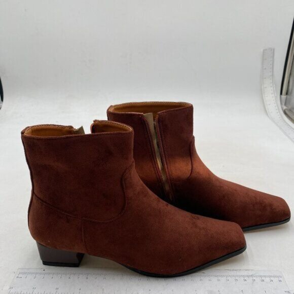 miss left Women's Square Closed Toe Low Chunky Heel Ankle Booties Dark Brown - Picture 3 of 8